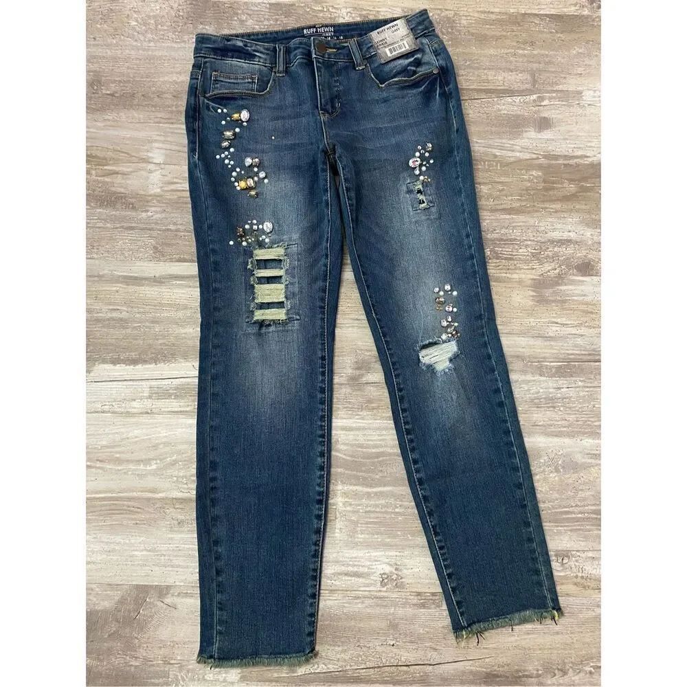 Ruff Hewn Skinny Ankle Crop Jeans Mid Rise Rhinestone Jewels Bling Women’s Sz 4